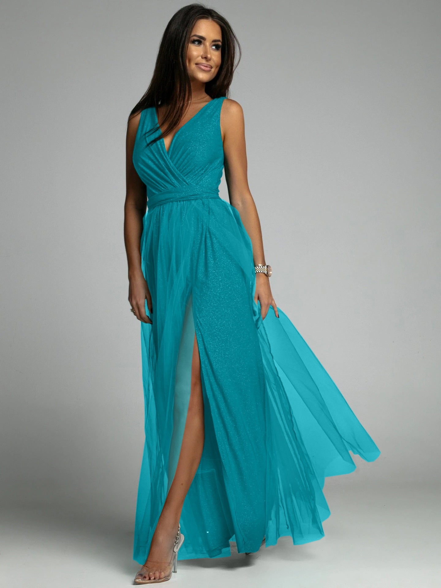 Sparkling V-neck Evening Dress with Slit