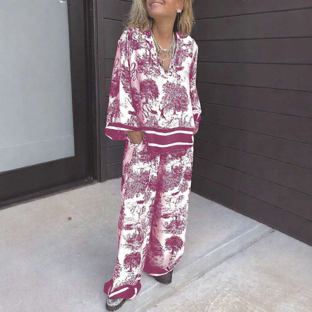 Women's Striped Long Sleeve Shirt and Wide Leg Pants Set