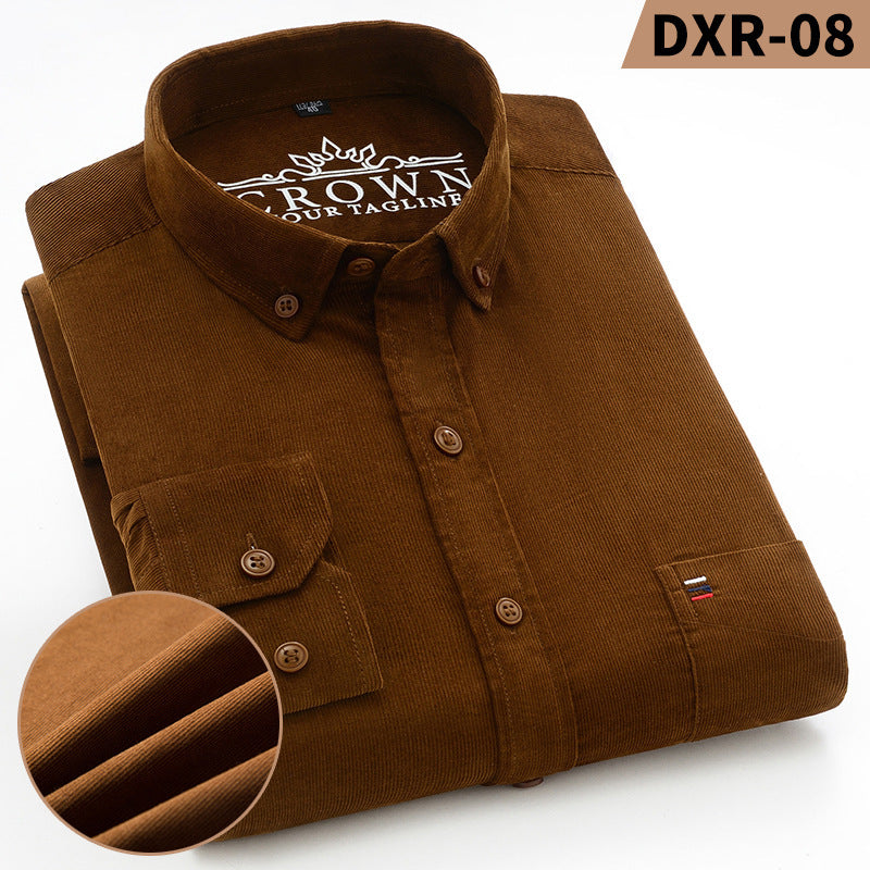 Men's Cotton Corduroy Long Sleeve Shirt Solid Color Casual Business Button-Up