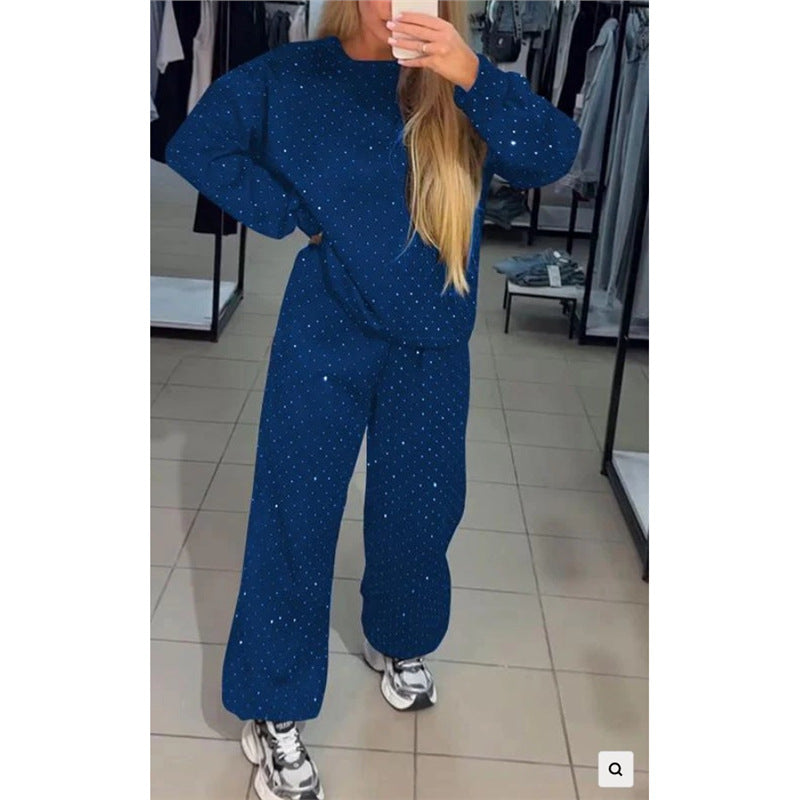 Women's Casual Two-Piece Set with Rhinestone Detail