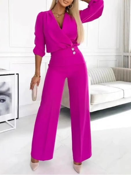 Women's Casual V-Neck Two-Button Pants Suit
