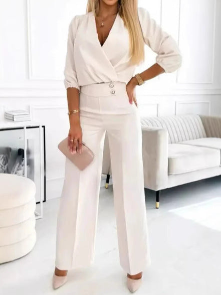 Women's Casual V-Neck Two-Button Pants Suit