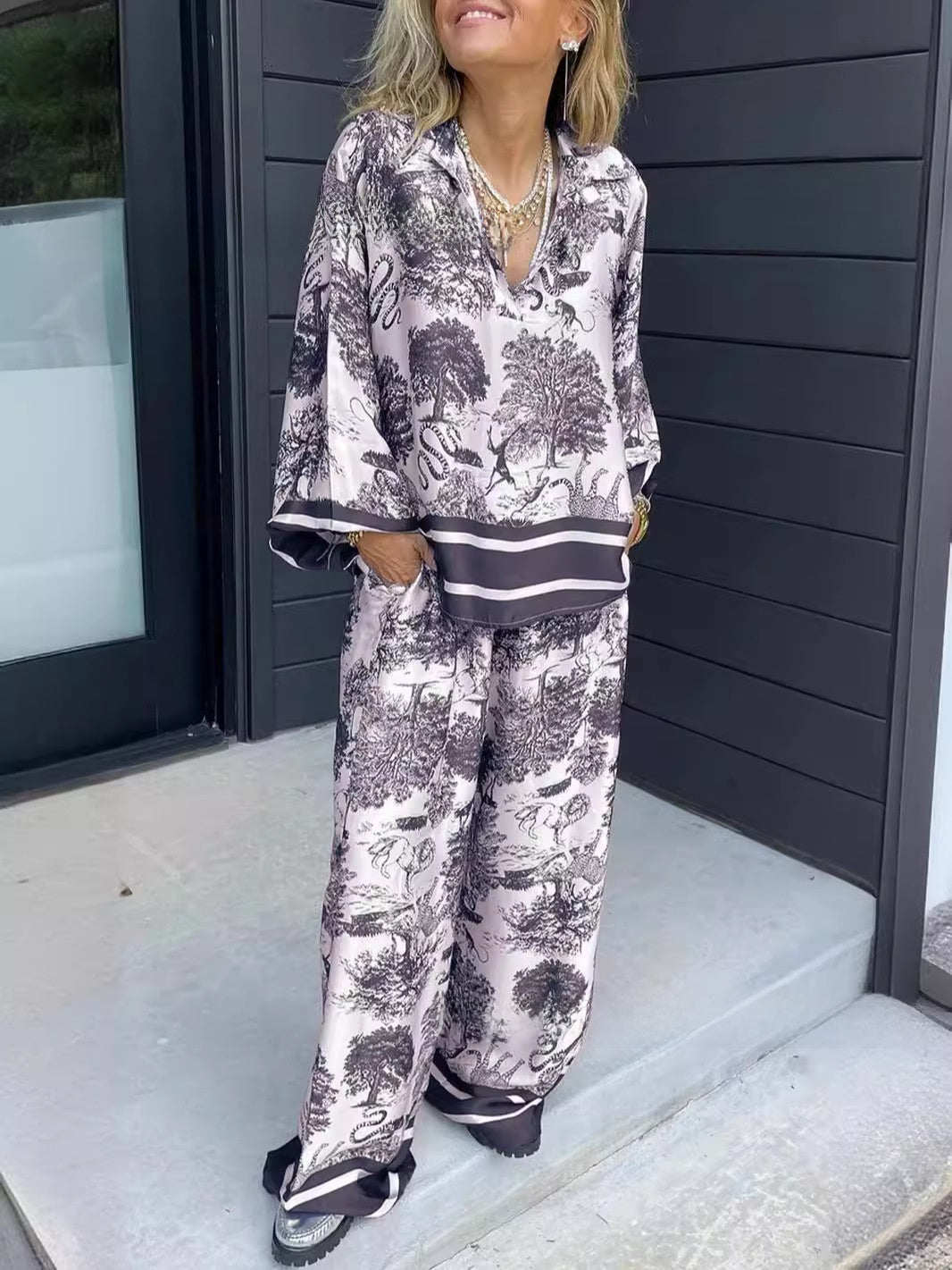 Women's Striped Long Sleeve Shirt and Wide Leg Pants Set