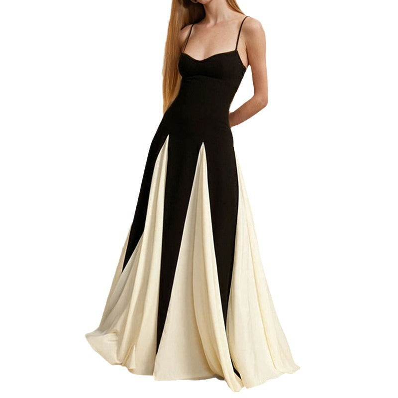 Fashionable Suspender Contrast Color Loose Swing High Waist Dress