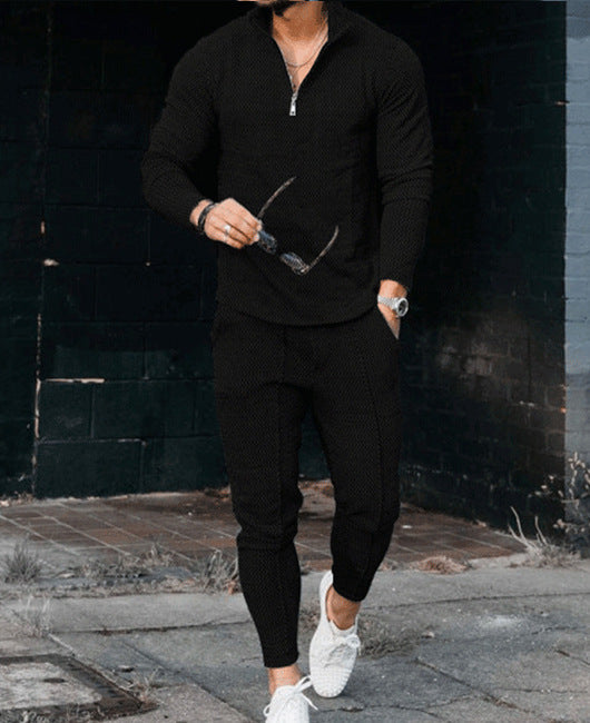 Men's Textured Long Sleeve Polo and Pants