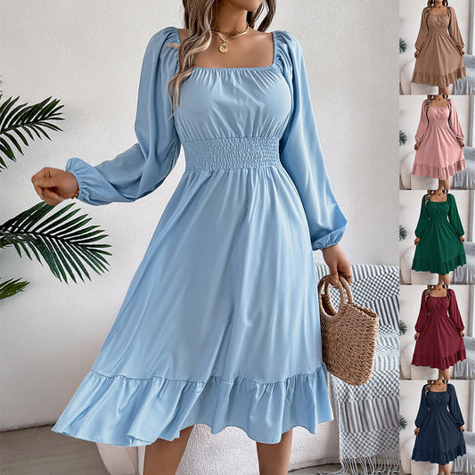 Casual Solid Color Square Neck Long Sleeve A-Line Dress