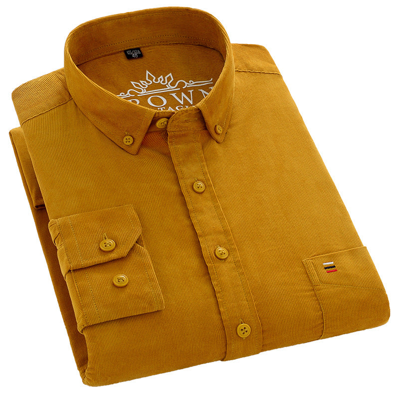 Men's Cotton Corduroy Long Sleeve Shirt Solid Color Casual Business Button-Up