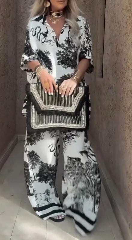 Casual V-Neck Printed Top and Wide-Leg Pants Set