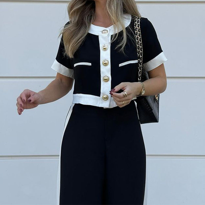 Women's Short-Sleeve Top and Straight Pants Suit